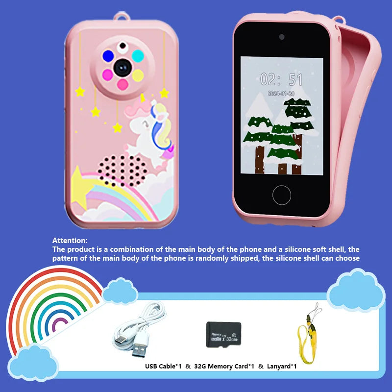 Kids Smart Phone Toys with 32GB TF card,USB Charging, 720P IPS Touch screen,Dual Camera Smart Phone For Kids, Gifts Play Phone