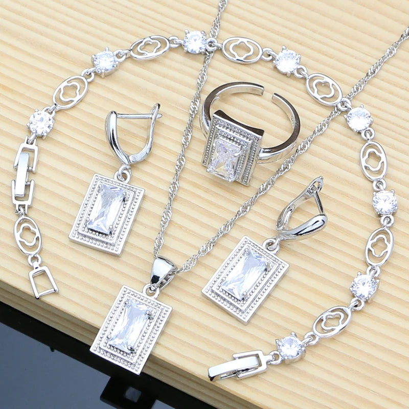 925 Silver Bride Jewelry Sets for Women Blue Sapphire Earrings Bracelet Resizable Ring Necklace Wholesale 6 Colors Birthstone