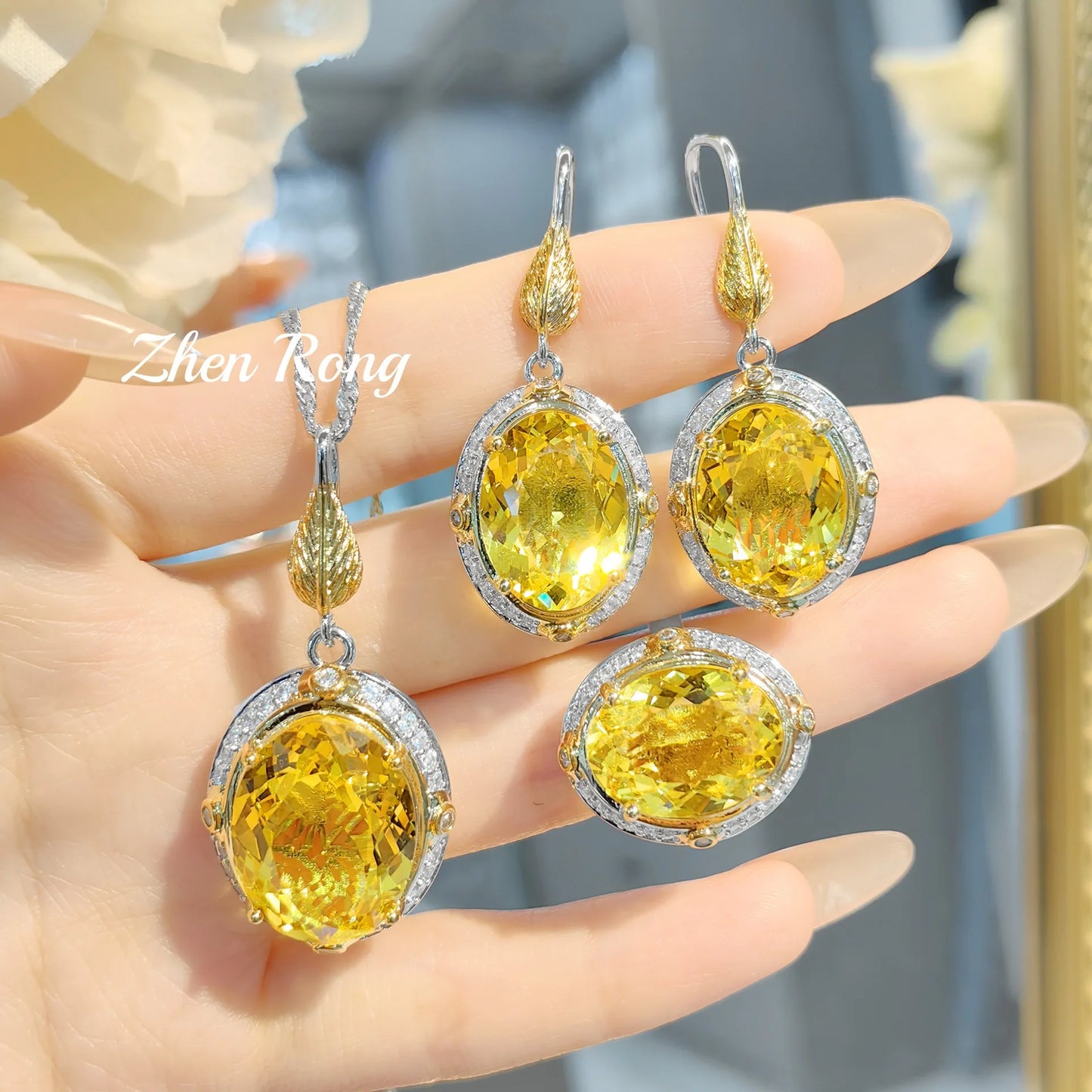 Italian retro court style feather set, brilliant yellow zircon necklace set, red zircon earrings set, zircon ring for women