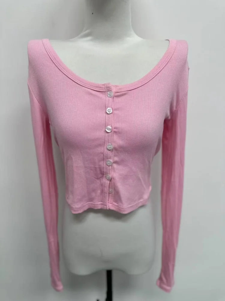 Single Breasted Tshirt Long Sleeve Crop Top Solid Color T Shirts For Women Streetwear Slim Fit Lady Outfit Camisetas Ropa Mujer