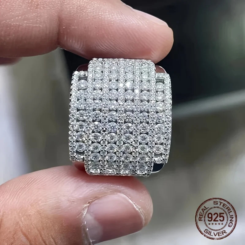 Iced-out Cubic Zirconia 925 Silver Ring for Men Bling Diamond High Quality Hip Hop Rings 14K White Gold Plated Fine Jewelry