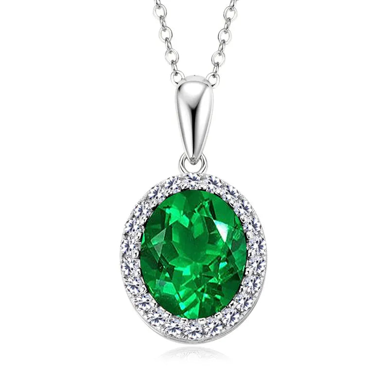 Vintage Round Oval Pear Cut Artificial Emerald Pendant Necklace 925 Silver Luxury Green Gemstone Waterdrop Bar Pendant for Women