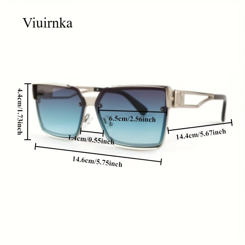 [Stylish Retro Sunglasses] Lightweight Stylish Retro Semi-Rimless Square Sunglasses, Blue Gradient PC Lenses with Zinc Alloy Frame, for Driving, Beach, Vacation, Travel & Cruise, Includes Protective Case