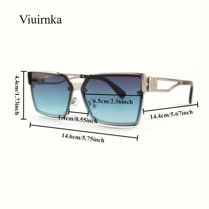 [Stylish Retro Sunglasses] Lightweight Stylish Retro Semi-Rimless Square Sunglasses, Blue Gradient PC Lenses with Zinc Alloy Frame, for Driving, Beach, Vacation, Travel & Cruise, Includes Protective Case