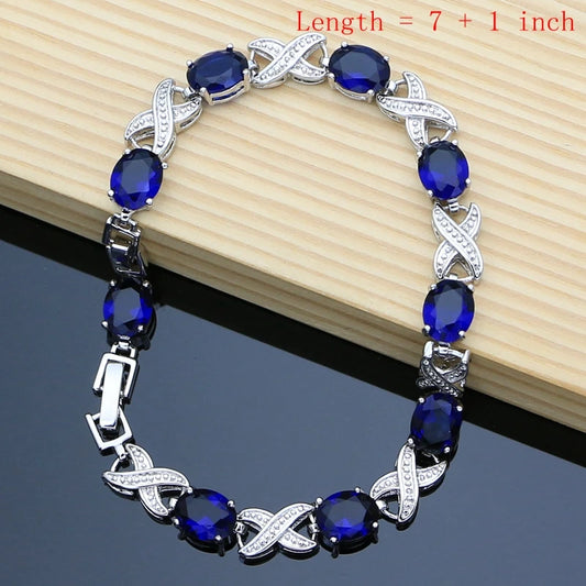 925 Silver Bride Jewelry Sets for Women Blue Sapphire Earrings Bracelet Resizable Ring Necklace Wholesale 6 Colors Birthstone