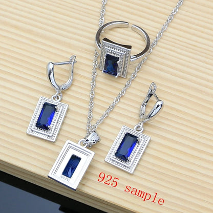 925 Silver Bride Jewelry Sets for Women Blue Sapphire Earrings Bracelet Resizable Ring Necklace Wholesale 6 Colors Birthstone