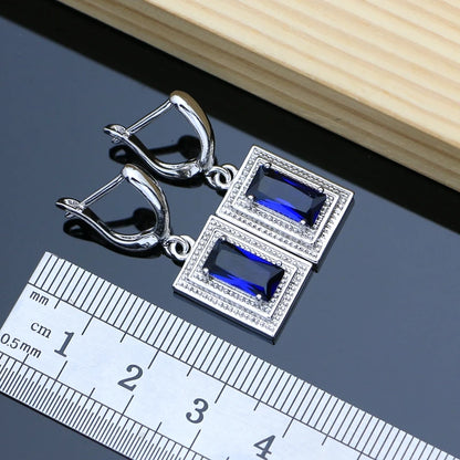 925 Silver Bride Jewelry Sets for Women Blue Sapphire Earrings Bracelet Resizable Ring Necklace Wholesale 6 Colors Birthstone