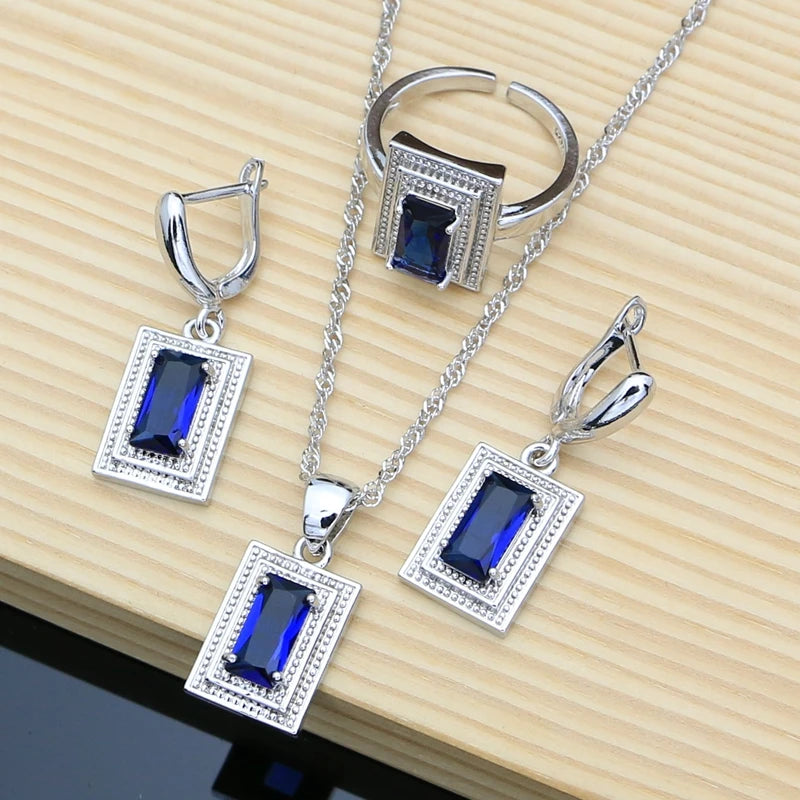 925 Silver Bride Jewelry Sets for Women Blue Sapphire Earrings Bracelet Resizable Ring Necklace Wholesale 6 Colors Birthstone