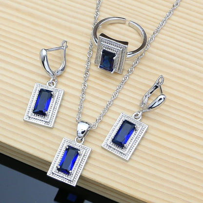 925 Silver Bride Jewelry Sets for Women Blue Sapphire Earrings Bracelet Resizable Ring Necklace Wholesale 6 Colors Birthstone