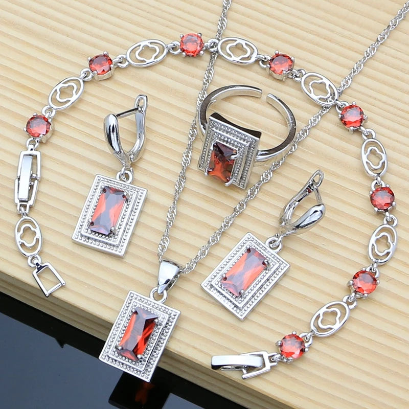 925 Silver Bride Jewelry Sets for Women Blue Sapphire Earrings Bracelet Resizable Ring Necklace Wholesale 6 Colors Birthstone