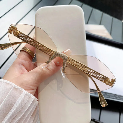 New Arrival 2025 Trendy High Quality Designer Gold Metal Frameless Rimless Luxury Women Sunglasses