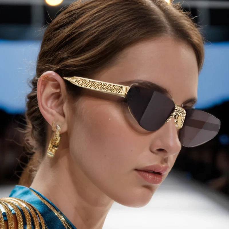 New Arrival 2025 Trendy High Quality Designer Gold Metal Frameless Rimless Luxury Women Sunglasses