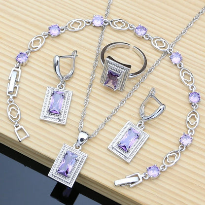 925 Silver Bride Jewelry Sets for Women Blue Sapphire Earrings Bracelet Resizable Ring Necklace Wholesale 6 Colors Birthstone