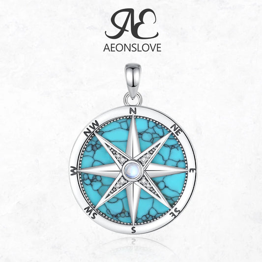 AEONSLOVE 925 Sterling Silver Compass Necklace for Women Men Vintage North Star Turquoise Pendant Nautical Jewelry Travel Gift
