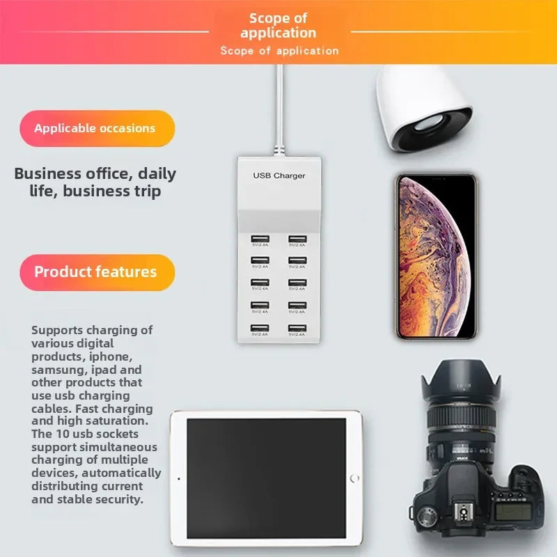 US/EU Smart 10-Port Fast-Charging USB Charger for Mobile Phones Flat Panel Home Office Power Station with Travel Usage Features