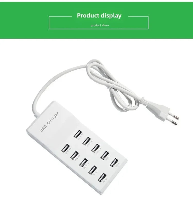 US/EU Smart 10-Port Fast-Charging USB Charger for Mobile Phones Flat Panel Home Office Power Station with Travel Usage Features