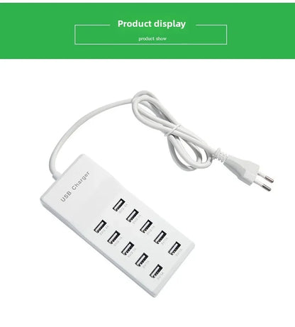 US/EU Smart 10-Port Fast-Charging USB Charger for Mobile Phones Flat Panel Home Office Power Station with Travel Usage Features