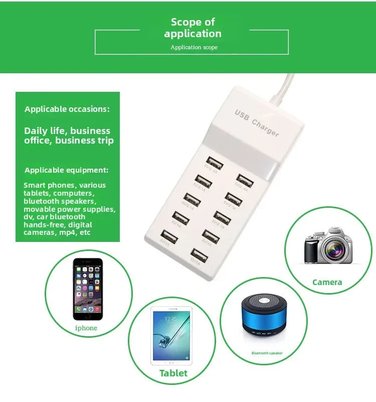 US/EU Smart 10-Port Fast-Charging USB Charger for Mobile Phones Flat Panel Home Office Power Station with Travel Usage Features
