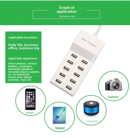 US/EU Smart 10-Port Fast-Charging USB Charger for Mobile Phones Flat Panel Home Office Power Station with Travel Usage Features
