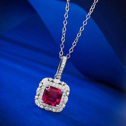 Wong Rain Vintage 100% 925 Sterling Silver Asscher Cut 7*7 MM Ruby High Carbon Diamond Gemstone Pendant Necklace Fine Jewelry
