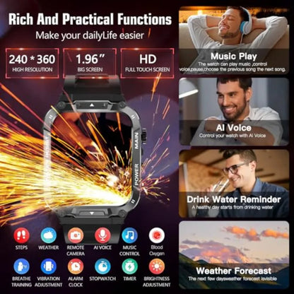 Military Smart Watch for Men 1.96 Inches Outdoor Sports Smartwatch with Answer Make CallFitness Watch Blood Oxygen Heart Rate a