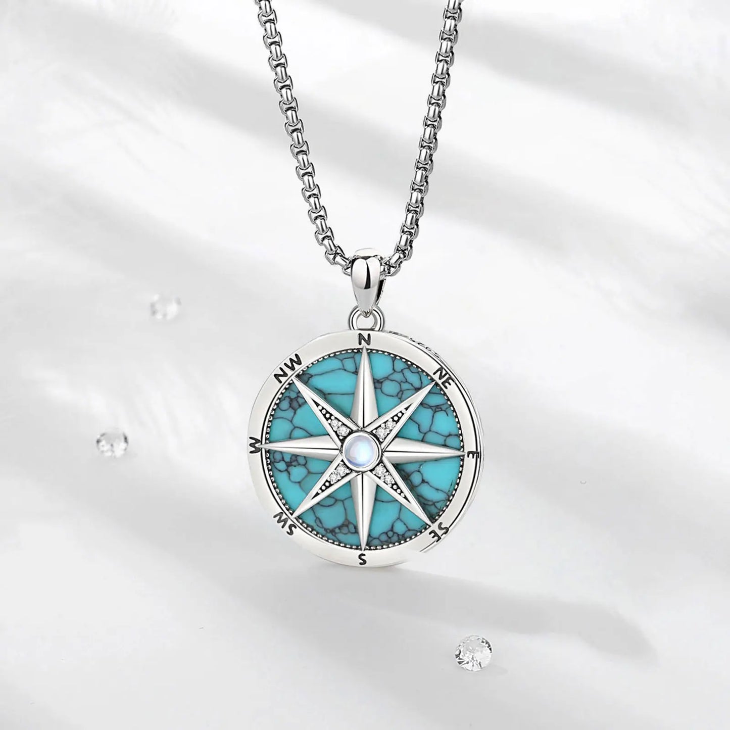 AEONSLOVE 925 Sterling Silver Compass Necklace for Women Men Vintage North Star Turquoise Pendant Nautical Jewelry Travel Gift