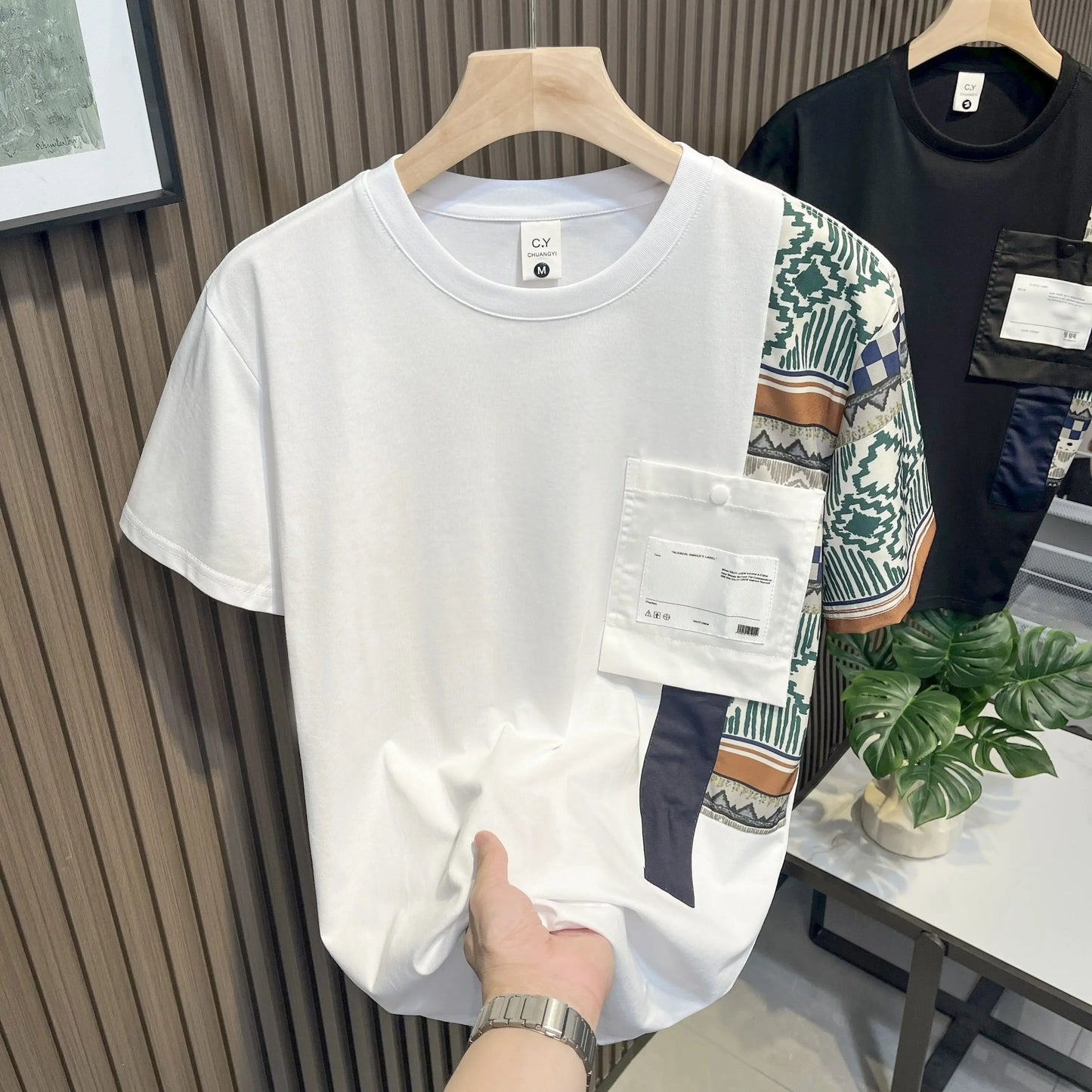 Embroidery T Shirt for Men Striped Man Tee Shirts Top Summer Chic Elastic Original Cheap Clothes Fashion Korean Popular Stylish