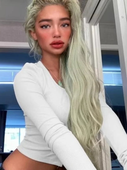 Single Breasted Tshirt Long Sleeve Crop Top Solid Color T Shirts For Women Streetwear Slim Fit Lady Outfit Camisetas Ropa Mujer