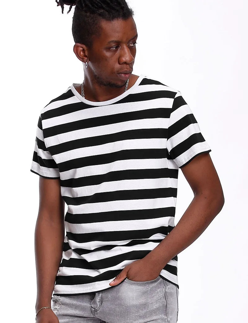 Striped T Shirt for Men Slim Fit Black White Navy Red Even Stripe TShirt Man Short Sleeved Fashion O Neck Striped Top Tees