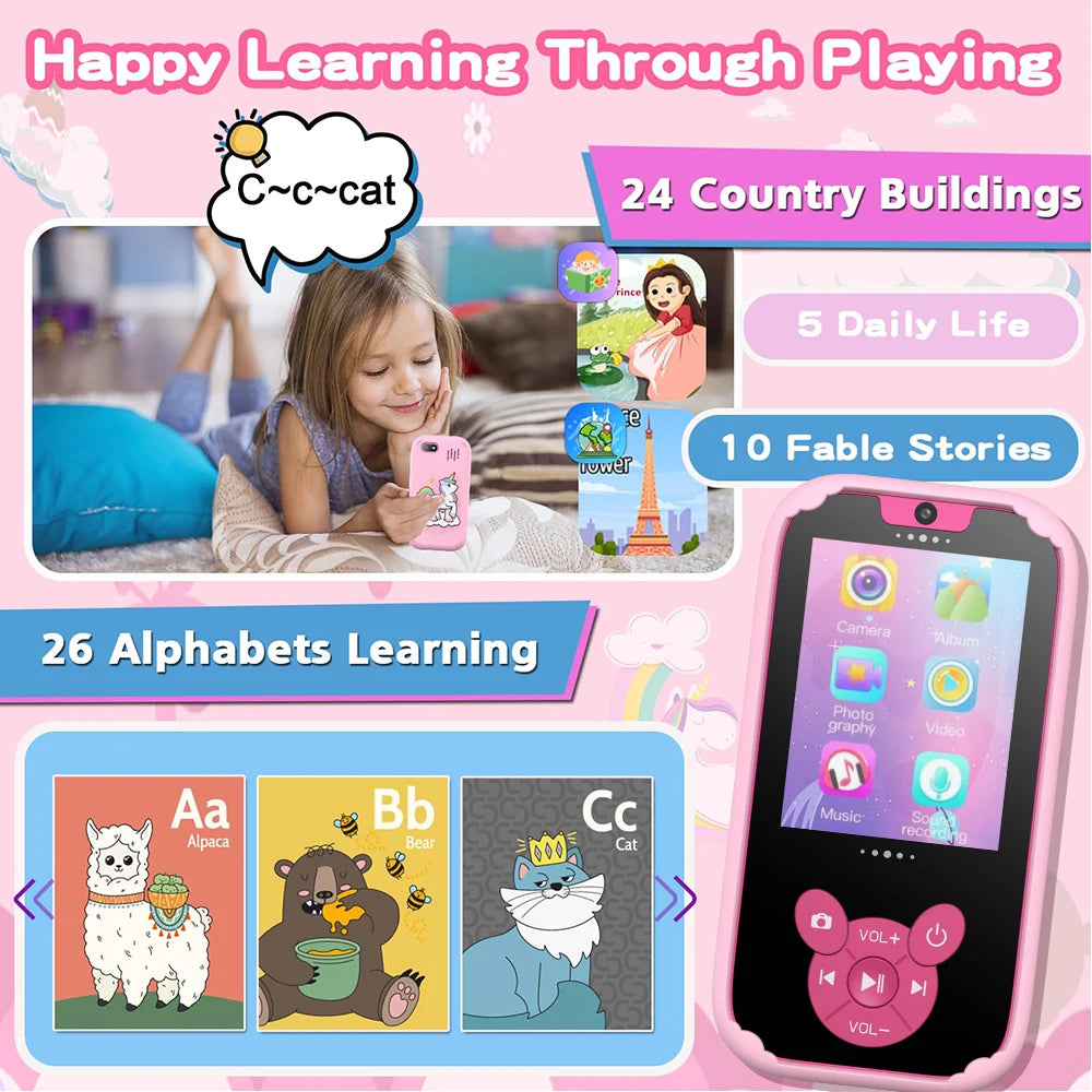 Kids Smart Phone Educational Toys Dual Camera Music Player Baby Phone With 8G Memro Game Learning for Age 3-12 Brithday Gifts