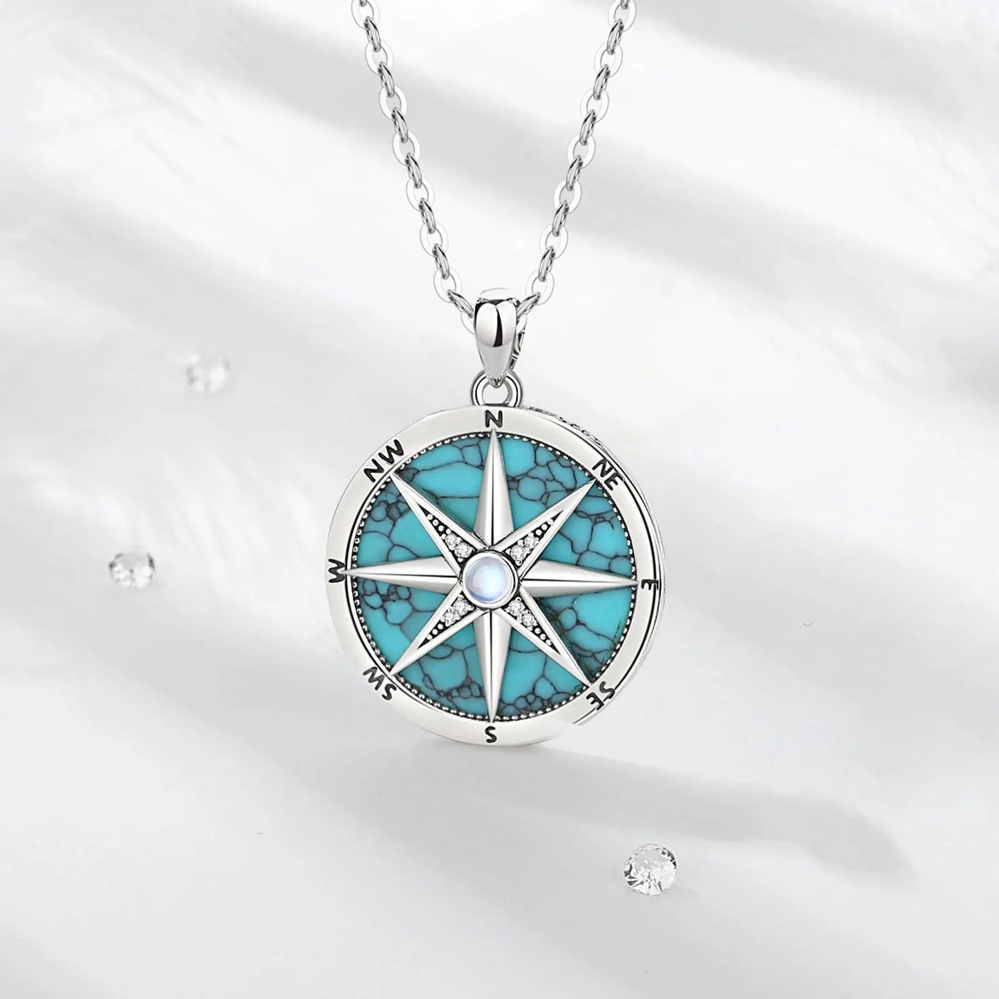 AEONSLOVE 925 Sterling Silver Compass Necklace for Women Men Vintage North Star Turquoise Pendant Nautical Jewelry Travel Gift