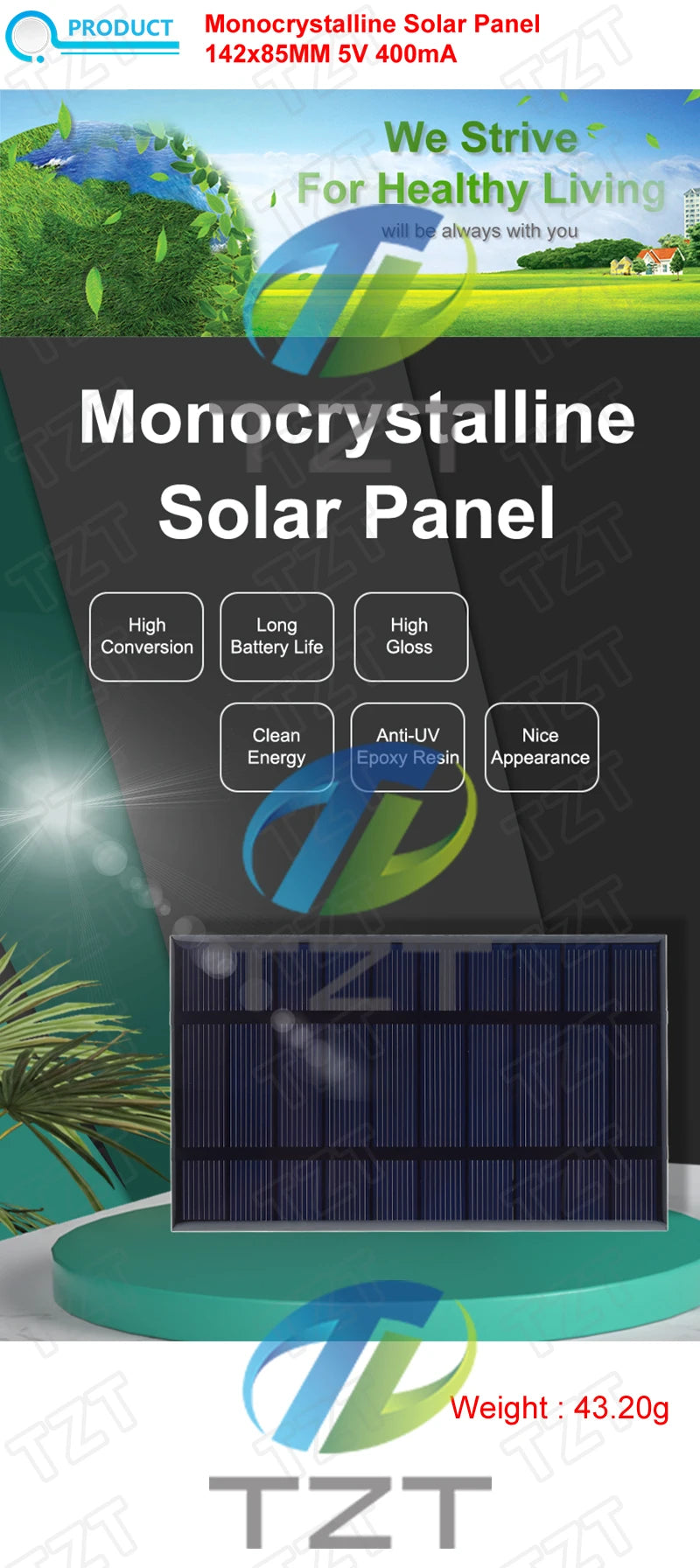 Smart Electronics 400mA 5V 2W Solar Cells Solar Panel Phone Charger Home Improvement 142mm*85mm Polycrystalline Silicon