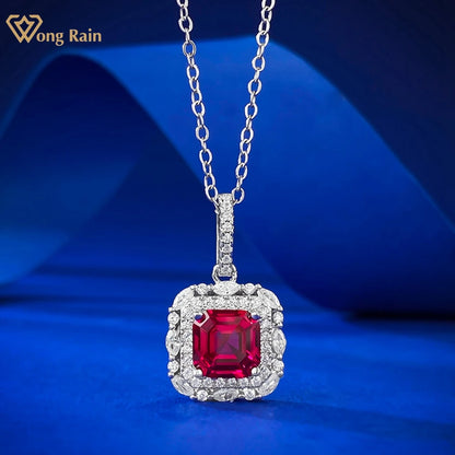 Wong Rain Vintage 100% 925 Sterling Silver Asscher Cut 7*7 MM Ruby High Carbon Diamond Gemstone Pendant Necklace Fine Jewelry