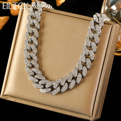 EILIECK Silver Color Cuban Chain Necklace For Women Girl Fashion New Party Gift Thick Neck Chain Waterproof Jewelry Bijoux