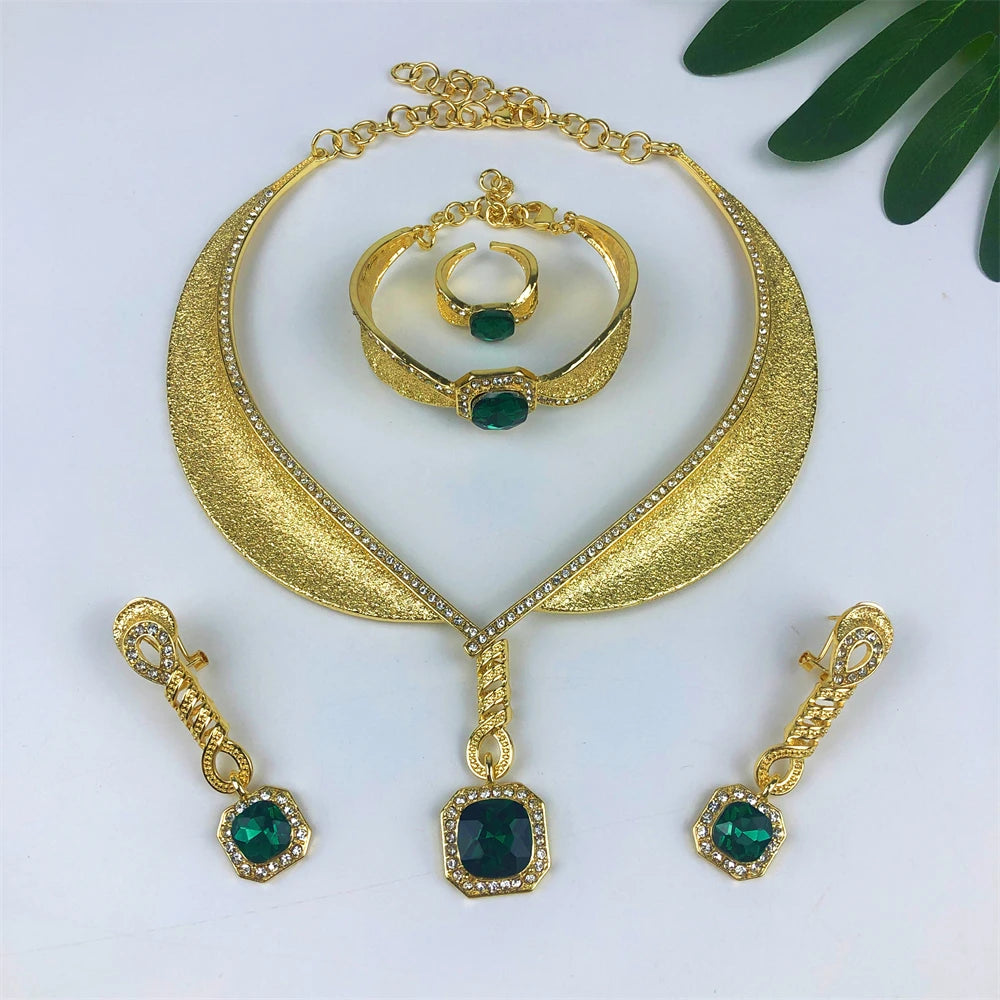 ESALE Two Tone Jewelry Set Gold Plated Big Pendant Necklace Bracelet Water Drop Earring Ring For Women Wedding Gifts 2025 New