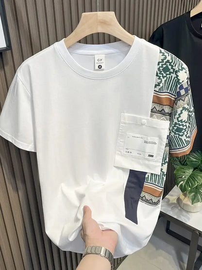 Embroidery T Shirt for Men Striped Man Tee Shirts Top Summer Chic Elastic Original Cheap Clothes Fashion Korean Popular Stylish