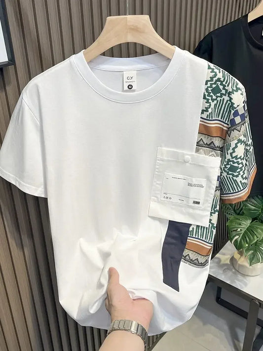 Embroidery T Shirt for Men Striped Man Tee Shirts Top Summer Chic Elastic Original Cheap Clothes Fashion Korean Popular Stylish