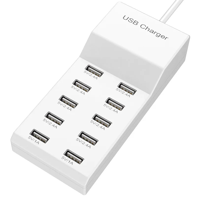 US/EU Smart 10-Port Fast-Charging USB Charger for Mobile Phones Flat Panel Home Office Power Station with Travel Usage Features