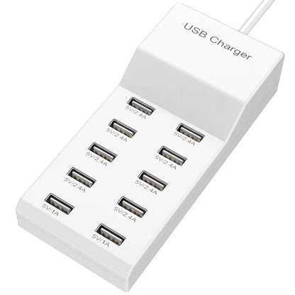 US/EU Smart 10-Port Fast-Charging USB Charger for Mobile Phones Flat Panel Home Office Power Station with Travel Usage Features