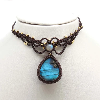 Handmade Rope Braided Macrame Crystal Stone Pendant Necklace For Women Natural Labradorite Weave Adjustable Necklace Jewellery