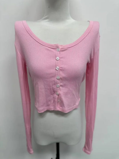 Single Breasted Tshirt Long Sleeve Crop Top Solid Color T Shirts For Women Streetwear Slim Fit Lady Outfit Camisetas Ropa Mujer