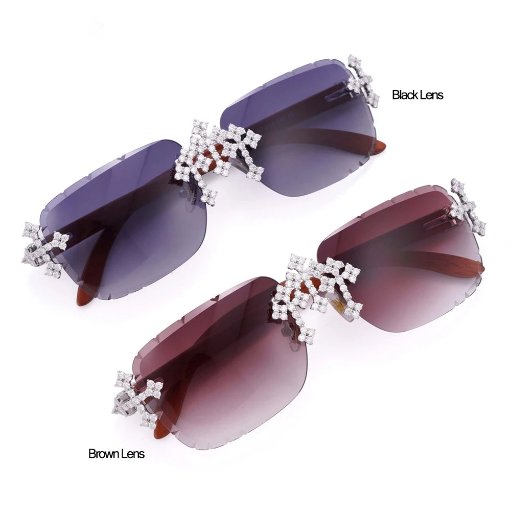 Hiphop Punk Iced Out Real Moissanite Sunglasses 925 Sterling Silver Bling Lab Diamond Eye Glasses Wood Frame Pass Tester