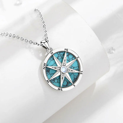 AEONSLOVE 925 Sterling Silver Compass Necklace for Women Men Vintage North Star Turquoise Pendant Nautical Jewelry Travel Gift