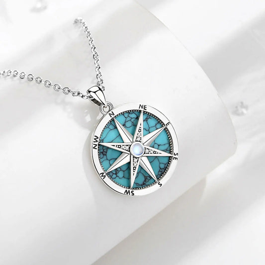 AEONSLOVE 925 Sterling Silver Compass Necklace for Women Men Vintage North Star Turquoise Pendant Nautical Jewelry Travel Gift
