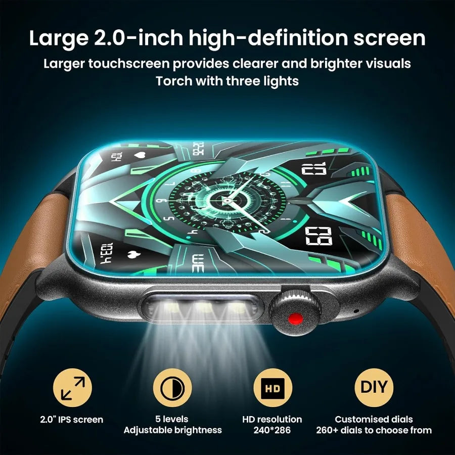 Smart Watch for Men Fitness Tracker: 1.96 Military Smartwatches with Bluetooth Call Three Lights Flashlight Watch Compatible An