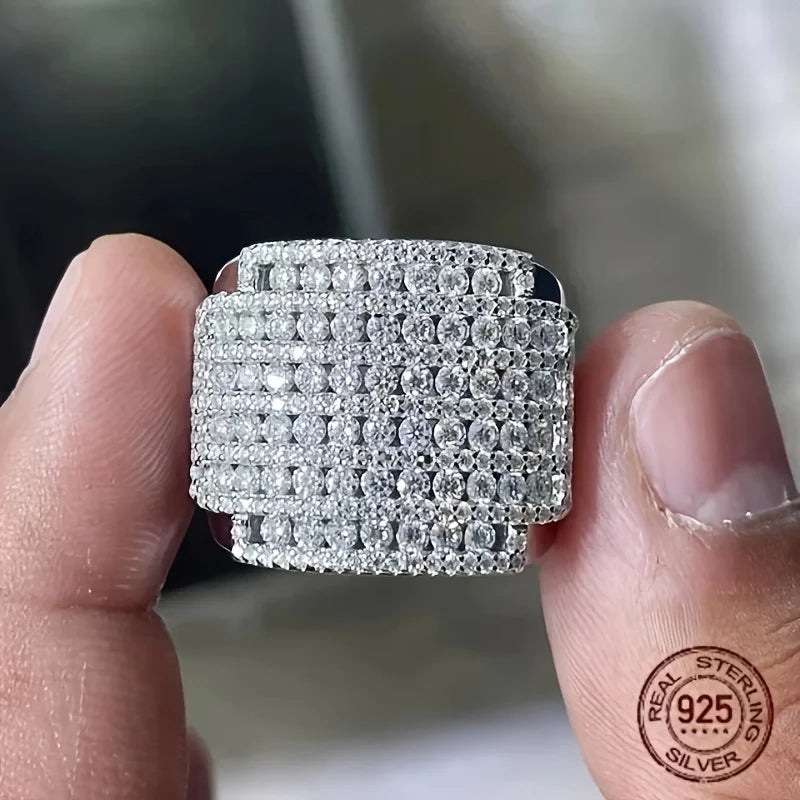 Iced-out Cubic Zirconia 925 Silver Ring for Men Bling Diamond High Quality Hip Hop Rings 14K White Gold Plated Fine Jewelry