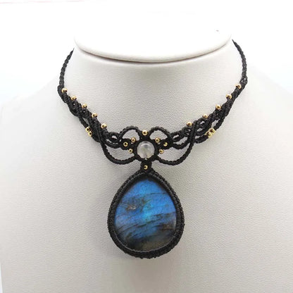 Handmade Rope Braided Macrame Crystal Stone Pendant Necklace For Women Natural Labradorite Weave Adjustable Necklace Jewellery