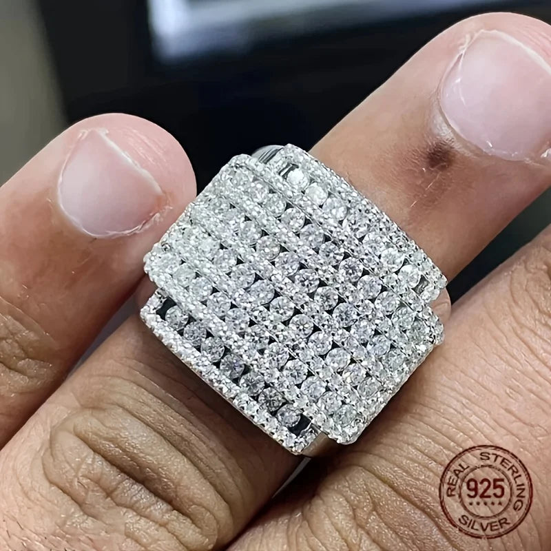 Iced-out Cubic Zirconia 925 Silver Ring for Men Bling Diamond High Quality Hip Hop Rings 14K White Gold Plated Fine Jewelry