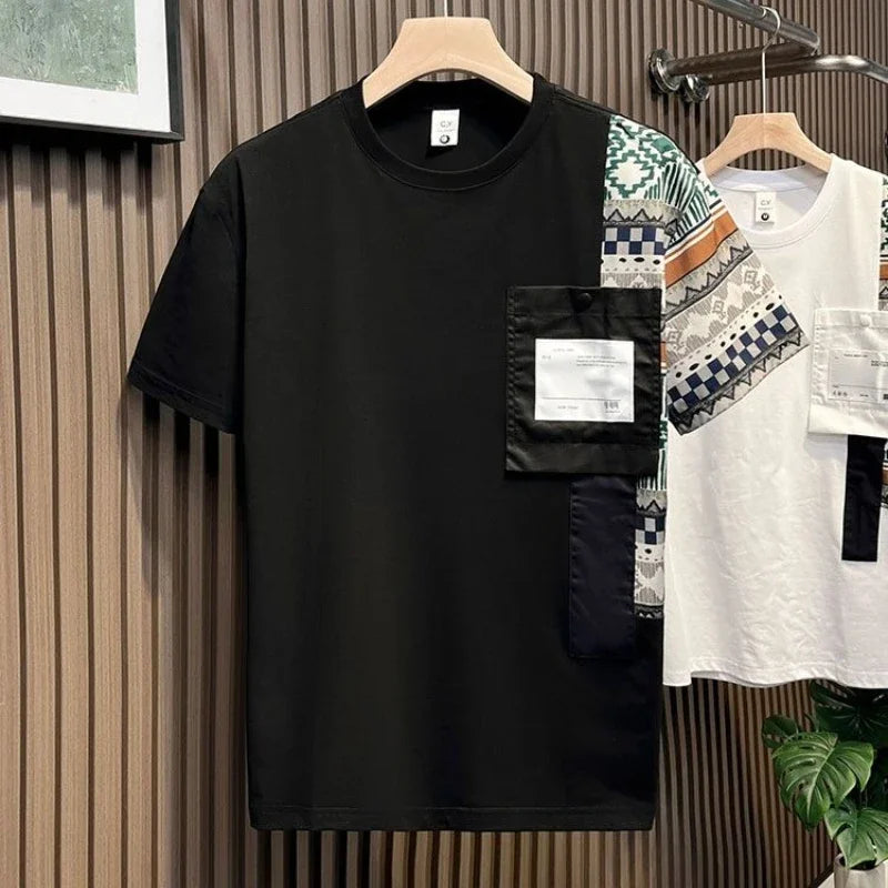 Embroidery T Shirt for Men Striped Man Tee Shirts Top Summer Chic Elastic Original Cheap Clothes Fashion Korean Popular Stylish