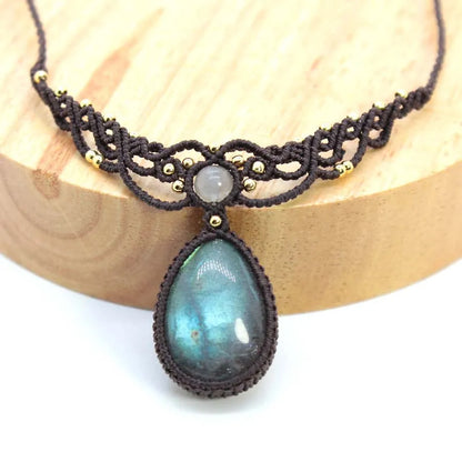 Handmade Rope Braided Macrame Crystal Stone Pendant Necklace For Women Natural Labradorite Weave Adjustable Necklace Jewellery